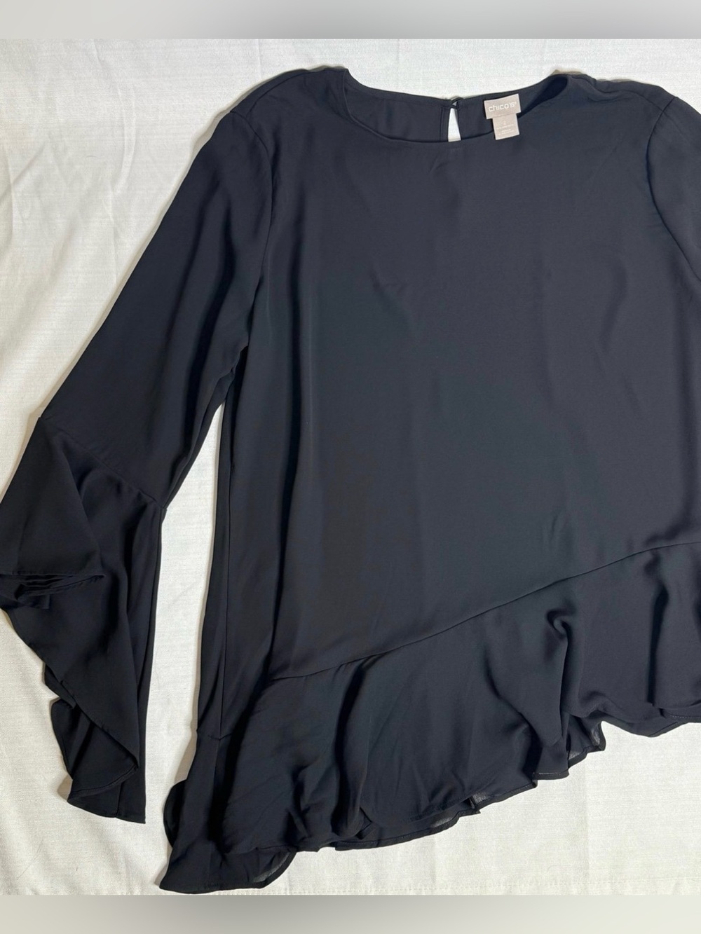 Chico’s Womens Blouse Size 2 Black Asymmetrical Bell Sleeve Top Flowy Shirt New - Picture 6 of 11
